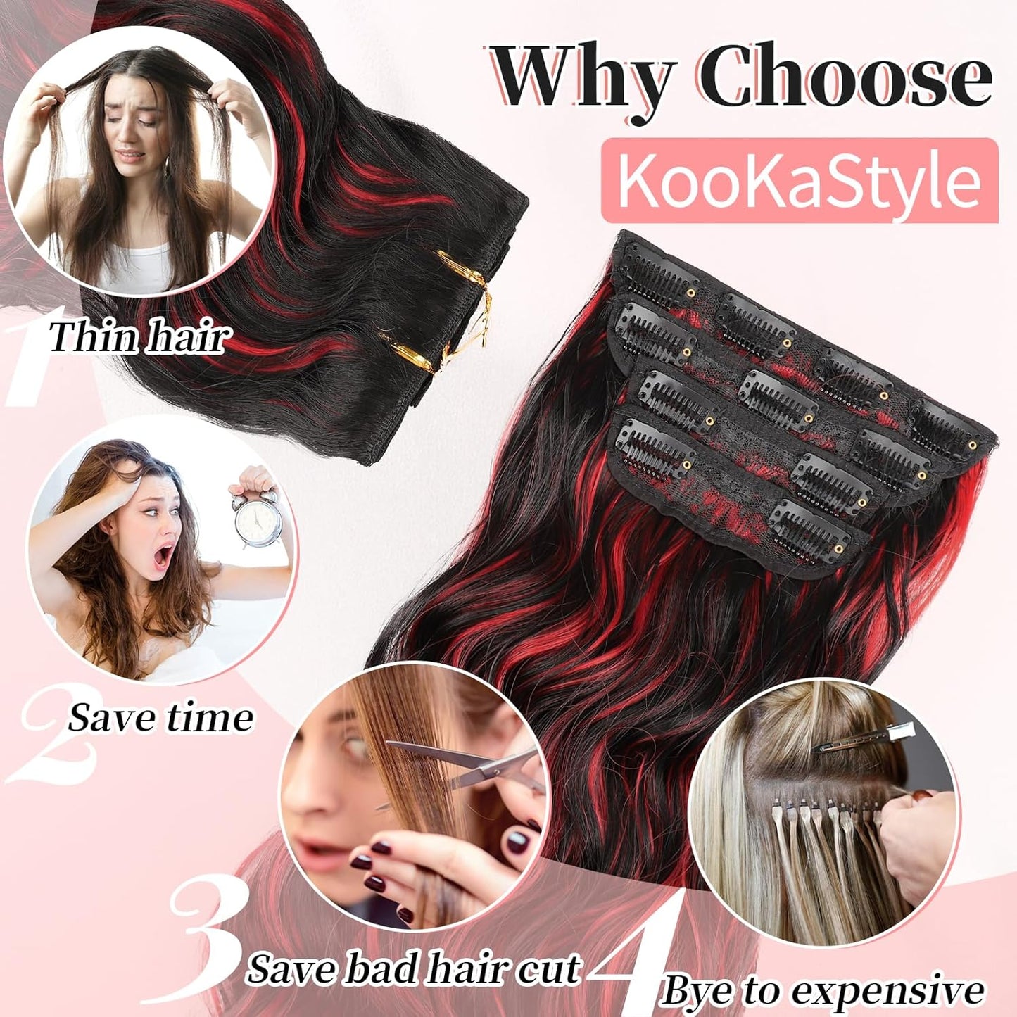 KooKaStyle Hair Extensions Black Mix Red Highlights 1B/113# Clip in Synthetic Highlight Long Wavy 4PCS Thick Hairpieces for Daily Use 24 Inch for Women