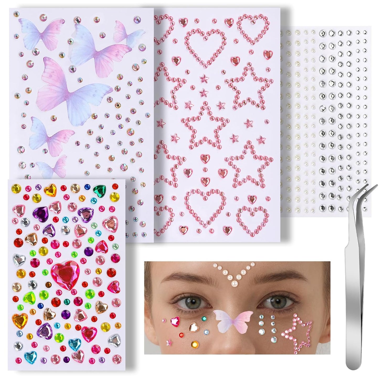 Teenitor Face Gems for Makeup, Self Adhesive Festival Jewels, Hair Gems, 4 Sheets Rhinestone Stickers for Face, Eye, Makeup, Body