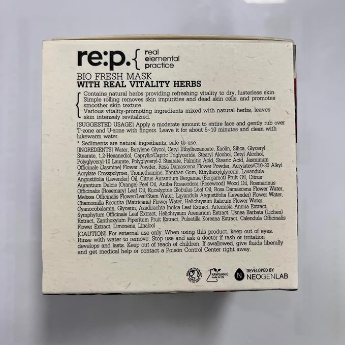 [K-Beauty] RE:P Fresh Vitality Herb Mask | Vegan Revitalizing Clay Mask Gentle Wash Off Exfoliating Face Mask w/Real Rose & Jasmine Flower 4.58 fl oz