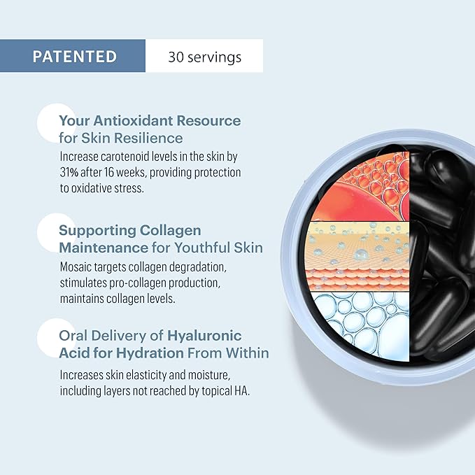 ELYSIUM Mosaic - Hyaluronic Acid Supplement - Clinically Proven - Fights Fine Lines & Skin Aging - Collagen Supplement - 30-Day Supply (Vegan Softgels)