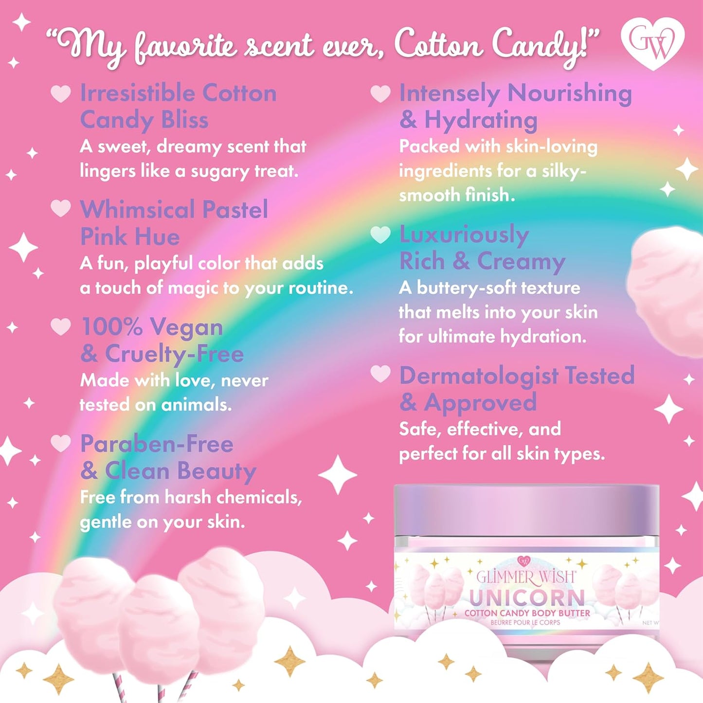 Glimmer Wish Whipped Body Butter for Women with Dry Skin – Shea & Coconut Moisturizer, Nourishing Body Cream for Women, Hydrating Lotion for Smooth, Soft Skin (Unicorn Cotton Candy)