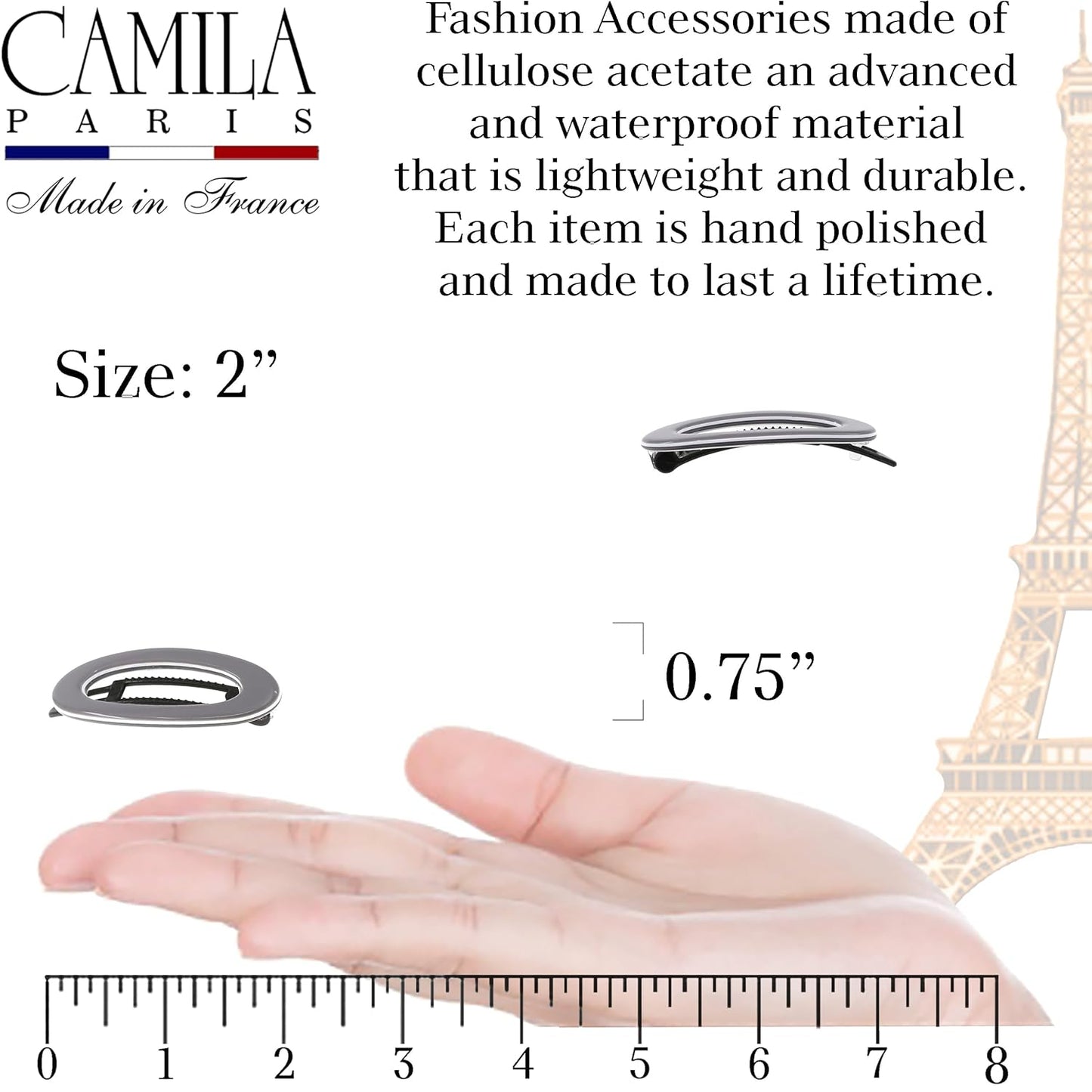 Camila Paris CP3368 French Hair Barrette Clip for Women, Handmade, Gray White, Side Slide-in Metal-Free Closure Strong Hold Grip Hair Clips for Girls, No Slip Durable Hair Accessories, Made in France
