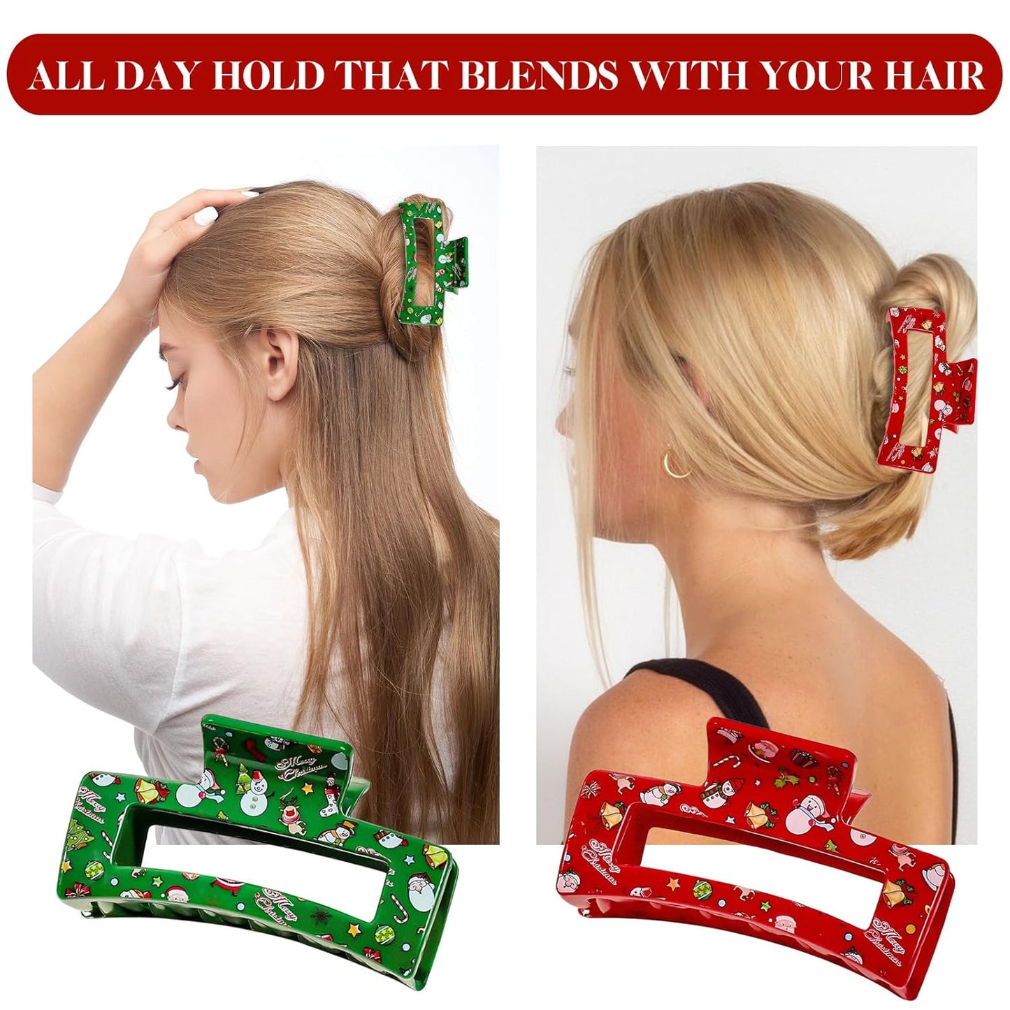2 Pcs Christmas Hair Clips for Women, Red Green Hair Claw Clips, Large Square Hair Claw, Christmas Hair Accessories, Cute Snowman Claw Clips for Thick and Thin Hair Decoration