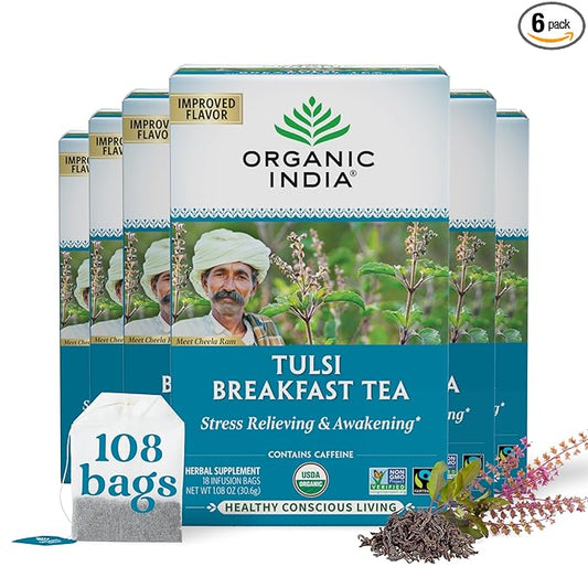ORGANIC INDIA Tulsi Breakfast Herbal Tea - Black Tea, Holy Basil, Relieve Stress & Energize, Immune Support, Adaptogen - Vegan, USDA Certified Organic, Non-GMO, Caffeinated - 18 Infusion Bags, 6 Pack