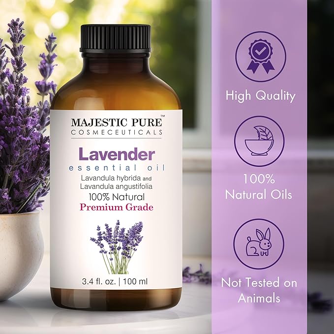 MAJESTIC PURE Lavender Essential Oil | 100% Pure and Natural | Premium Grade Essential Oils for Hair Care, Home Diffusers, Skin, Aromatherapy, Massage and Humidifiers | 3.4 Fl Oz