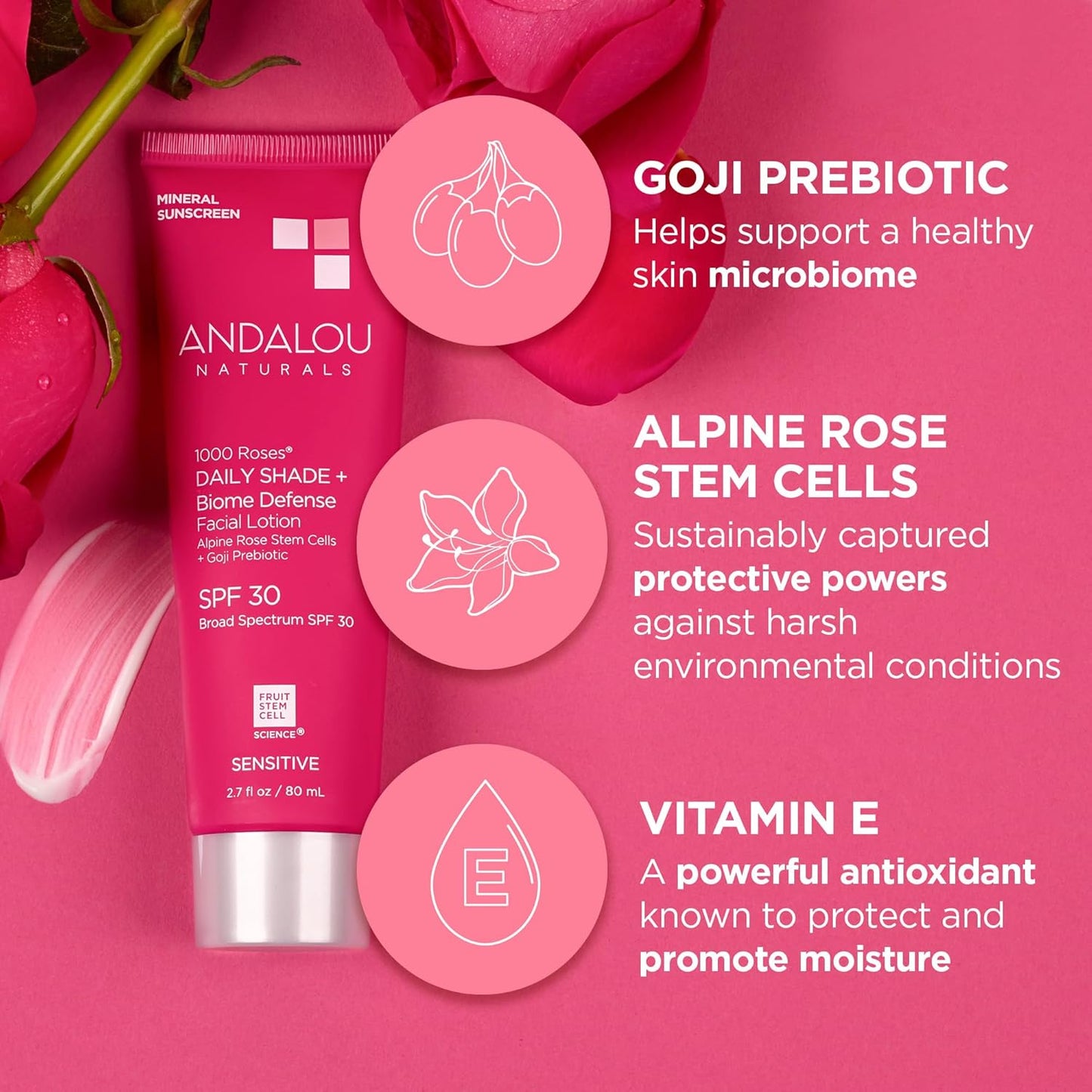Andalou Naturals Daily Shade Face Sunscreen, 1000 Roses, SPF 30 Mineral Sunscreen with Zinc Oxide, Skin Barrier Defense + Broad Spectrum Protection, Gentle & Soothing, for Sensitive Skin - 2.7 Fl Oz