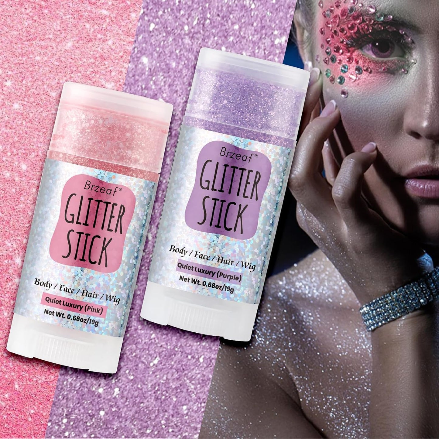 Brzeaf Pink Glitter Stick, Not Greasy & Long Lasting, Halloween Face Glitter Gel, Chunky Glitter for Face/Body/Hair/Eyes/Lip, Singer Concert Music Rave Festival, Glitter Stick Makeup for Women Men