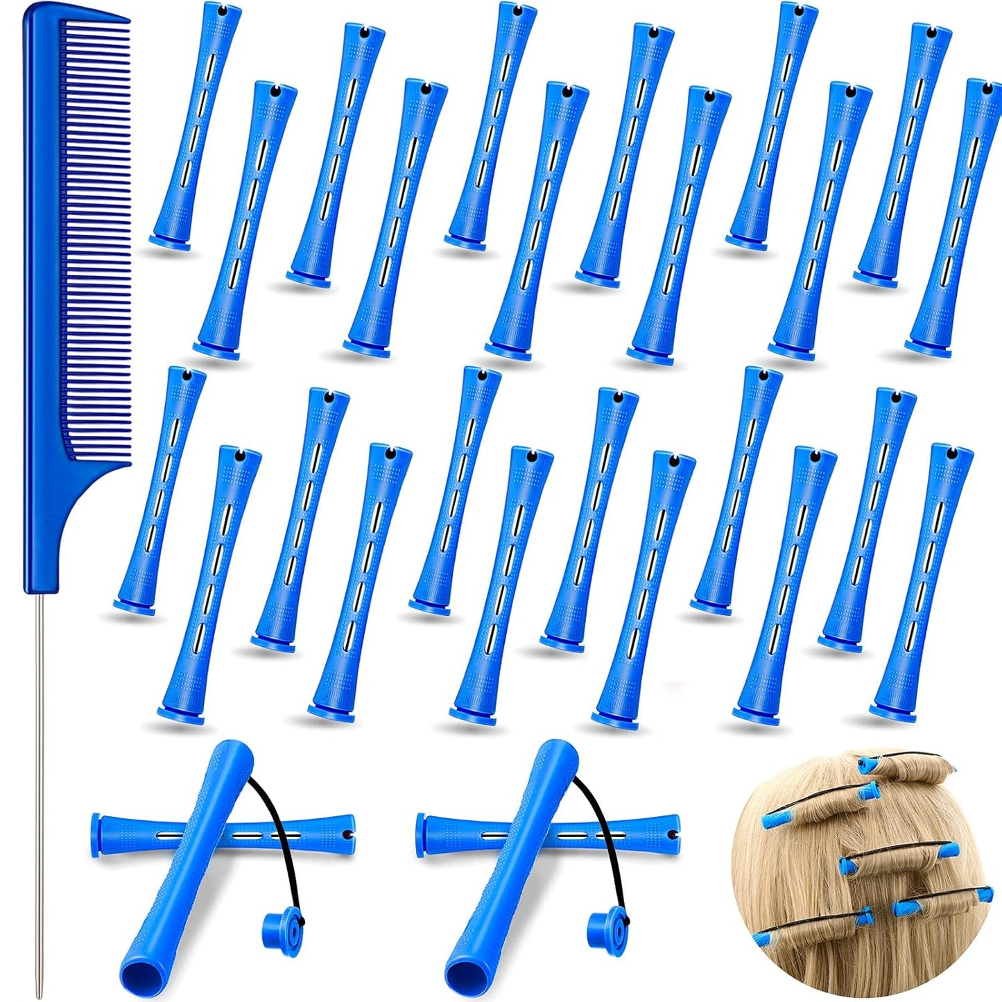 24 Pieces Plastic Hair Perming Rods and Rollers with Steel Pintail Comb for Hairdressing Styling (0.35 Inches, Blue)