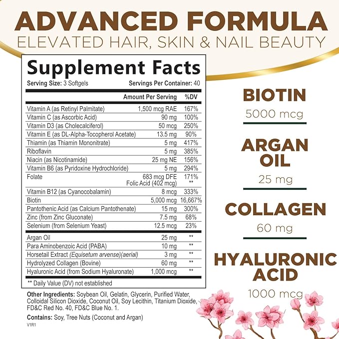 Hair Vitamins Women, Ultra Strength 5000mcg Biotin, Collagen, PABA & More - Womens Hair Growth, Skin, Nails & Keratin Support Supplement, Infused w/ Argan Oil & Hyaluronic Acid, Non-GMO - 120 Softgels