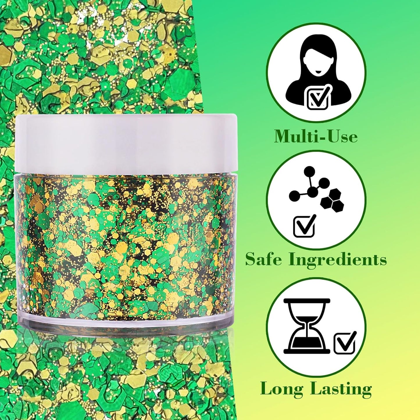 St Patricks Day Accessories Green Face Glitter Gel,Gold Hair Glitter Green St Patrick's Day Outfit for Women,Mardi Gras Carnival Face Paint Body Glitter Sparkling Festival Chunky Makeup