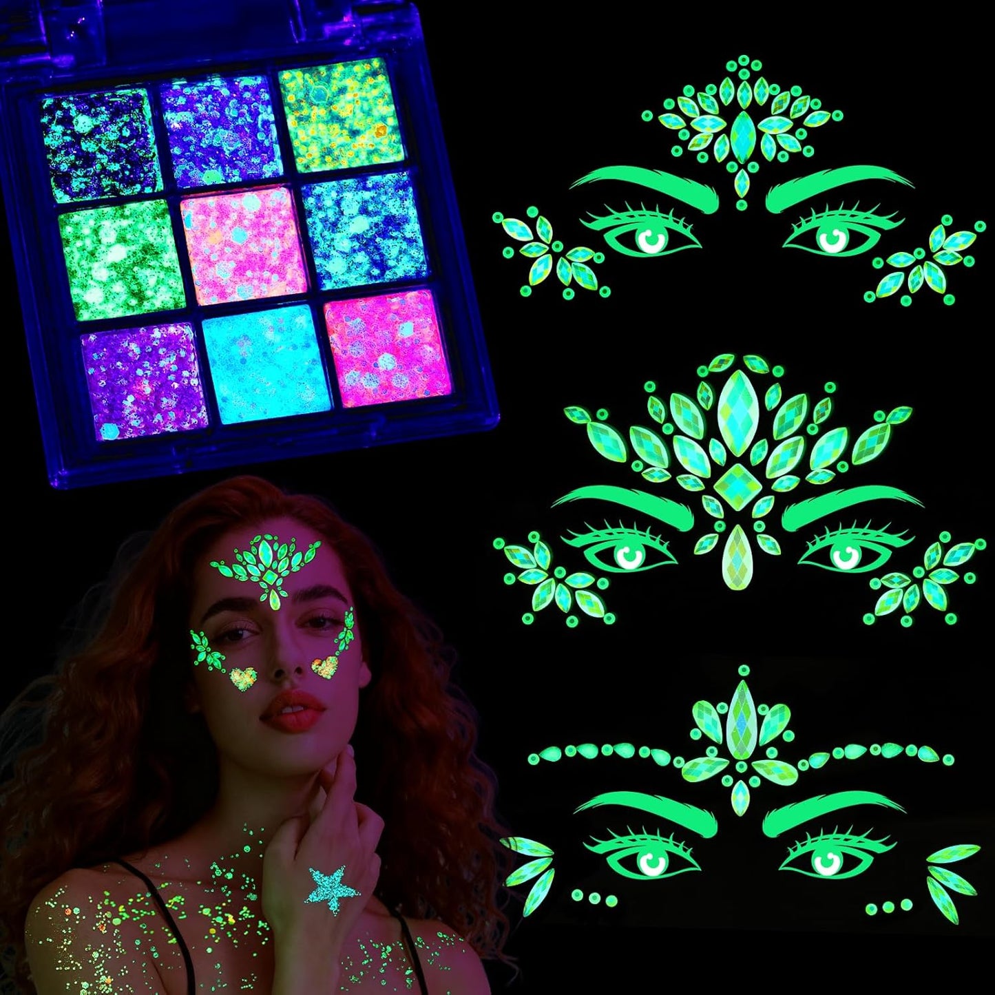 YGDZ Glow in The Dark Face Glitter, Hair Body Glitter Gel, Face Jewels Stick On for Women, Festival Carnival Outfits, Mermaid Costume for Halloween Makeup, Rave Accessories for UV Black Light Party
