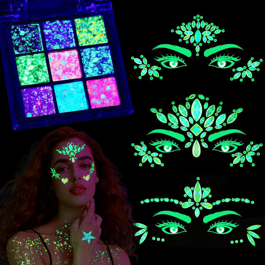 YGDZ Glow in The Dark Face Glitter, Hair Body Glitter Gel, Face Jewels Stick On for Women, Festival Carnival Outfits, Mermaid Costume for Halloween Makeup, Rave Accessories for UV Black Light Party