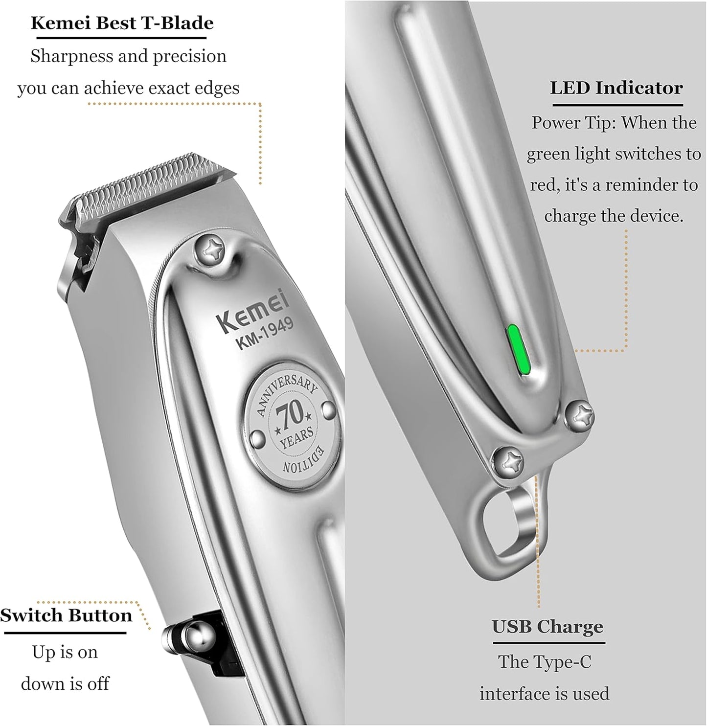 KEMEI Professional Beard and Hair Trimmer for Men, Cordless T-Blade Trimmers, Electric Hair Clippers for Barbers and Stylists, All Body Grooming Model 1949