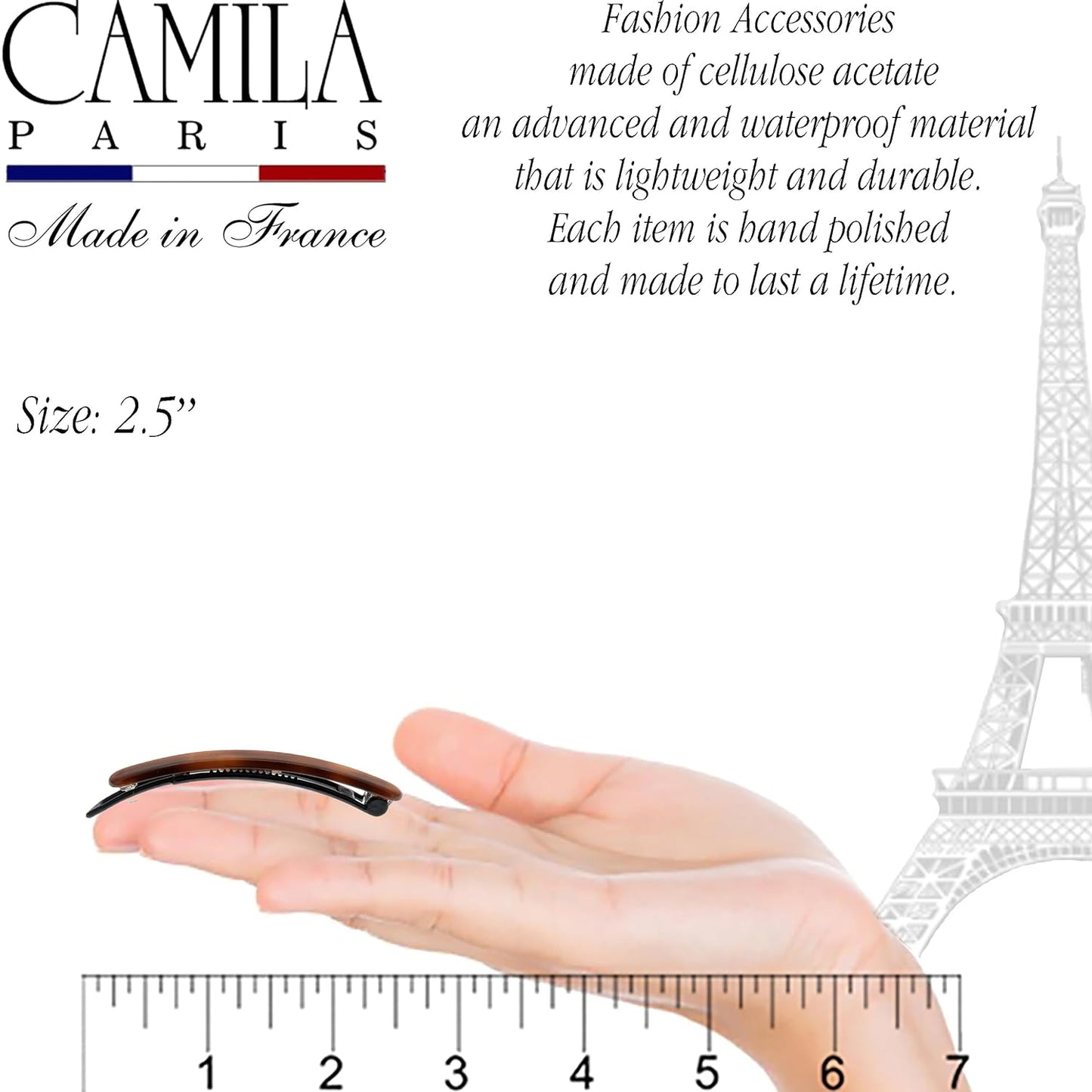 Camila Paris CP2250/2 French Hair Barrettes Clips for Women, Handmade, Girls Side Slide-in Barrette Clip, Hair Accessories for Women. Strong Hold No Slip Grip Fashion Durable Styling, Made in France
