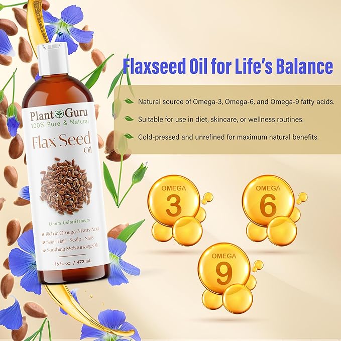 Flaxseed Oil 4 fl. oz. Unrefined Cold Pressed 100% Pure Natural Carrier For Skin, Face, Body Moisturizer, and Hair Growth.