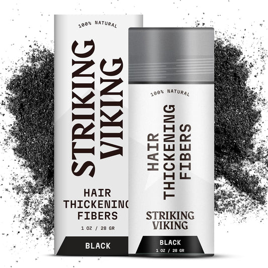 Striking Viking Hair Building Fibers - 28g, Black - Fuller Look Thinning Hair Fibers - Bald Spot Concealer & Barber Enhancement - Clump-Proof Powder & Hold Spray