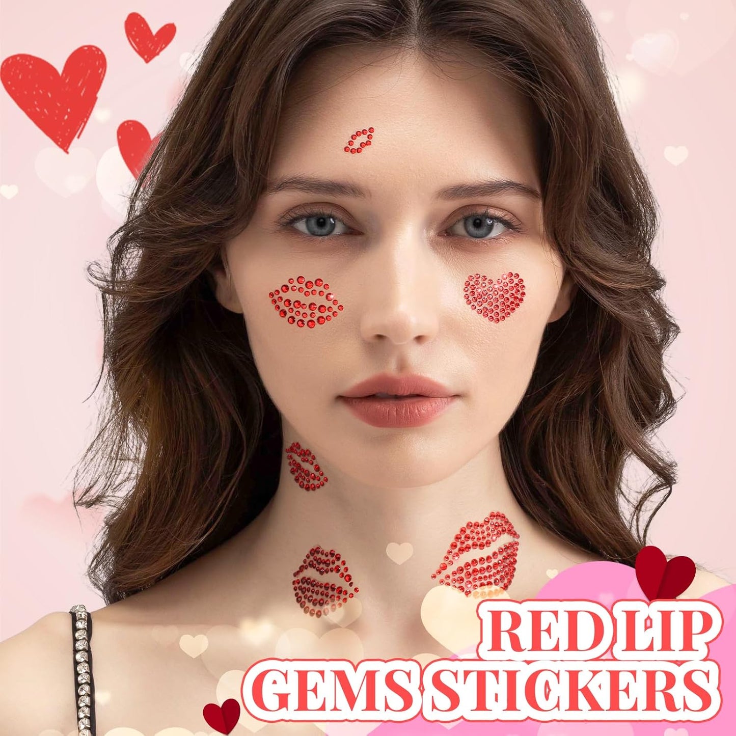 YGDZ Face Gems Self-Adhesive Face Jewels Stickers, Red Lip Hair Gems, Festival Kiss Jewels, Face Rhinestone Stickers for Makeup, Eye, Hair, Body, Rave Accessories, Stick on Gems for Kids, Women