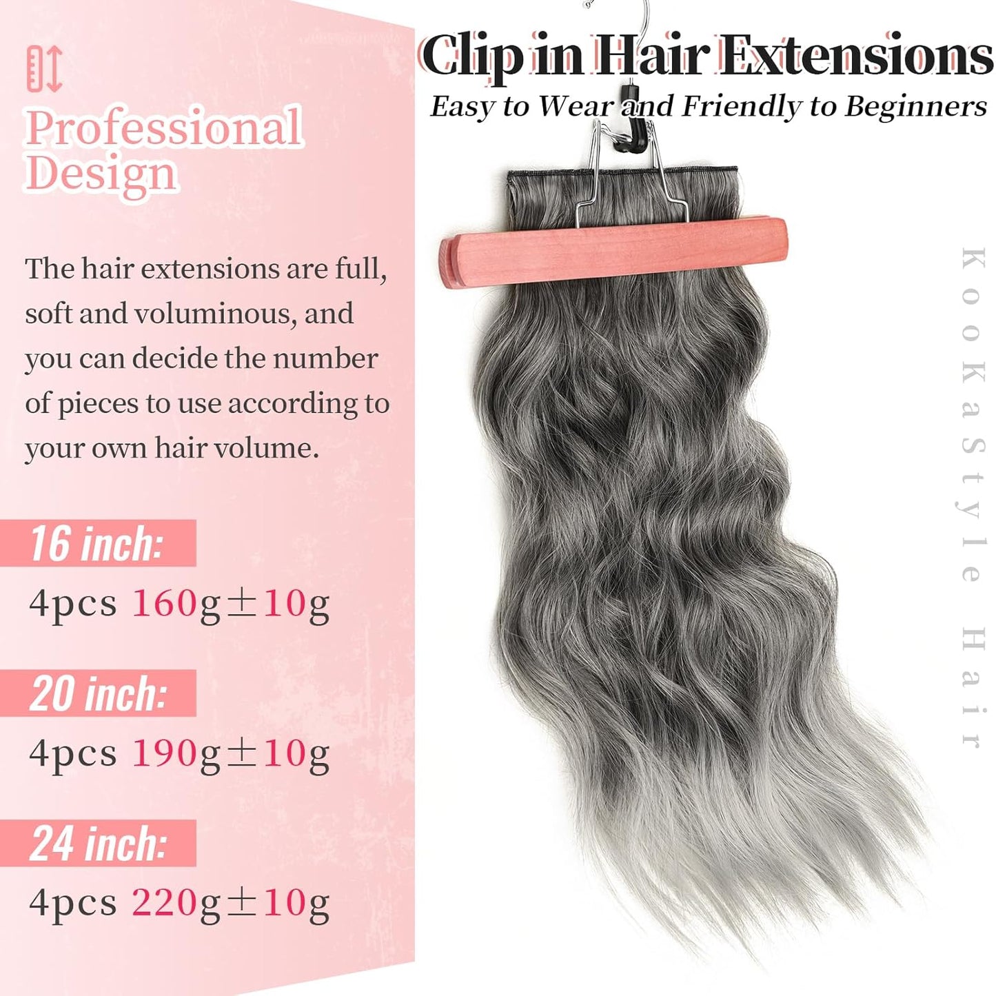 KooKaStyle Clip in Synthetic Hair Extensions Long Wavy 4PCS Thick Hairpieces Grey Sliver Mixed Fiber Double Weft Natural Hair Extensions 20 Inch for Women