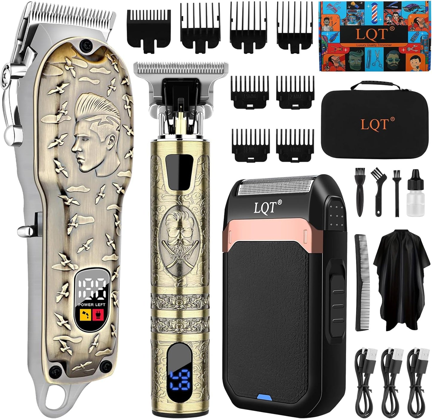 Professional Hair Clippers Set for Men, Cordless Rechargeable Barber Trimmers for Hair Cutting, Electric Shavers, LED Display, Grooming Kit for Head, Face, Body, Gifts for Men Husband & Father