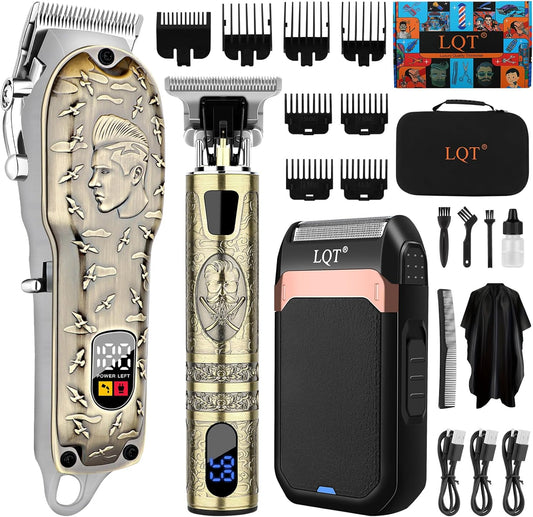 Professional Hair Clippers Set for Men, Cordless Rechargeable Barber Trimmers for Hair Cutting, Electric Shavers, LED Display, Grooming Kit for Head, Face, Body, Gifts for Men Husband & Father