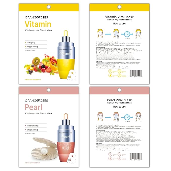 【 Orangeroses 】 30 Pcs Combo Pack Vital Ampoule Sheet Mask, Korean Facial Skincare Sheet | Simple & Effective Skincare Routine | Moisturization | Wrinkle Care | Brightening