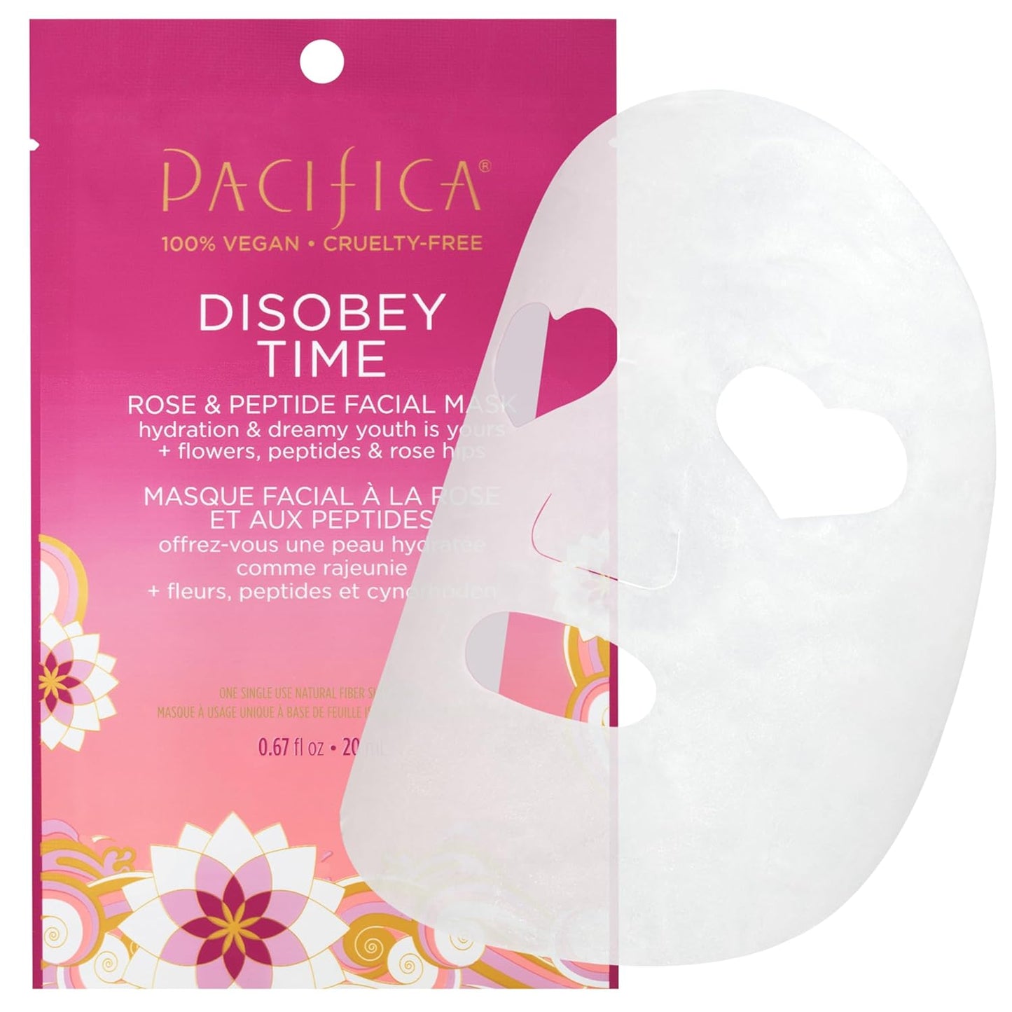 Pacifica Disobey Time Anti-Aging Facial Sheet Mask 6-Pack – Hydrating Rose & Peptide Mask for Dry Skin, Infused with Hyaluronic Acid & Green Tea, Fights Fine Lines, Vegan & Cruelty-Free