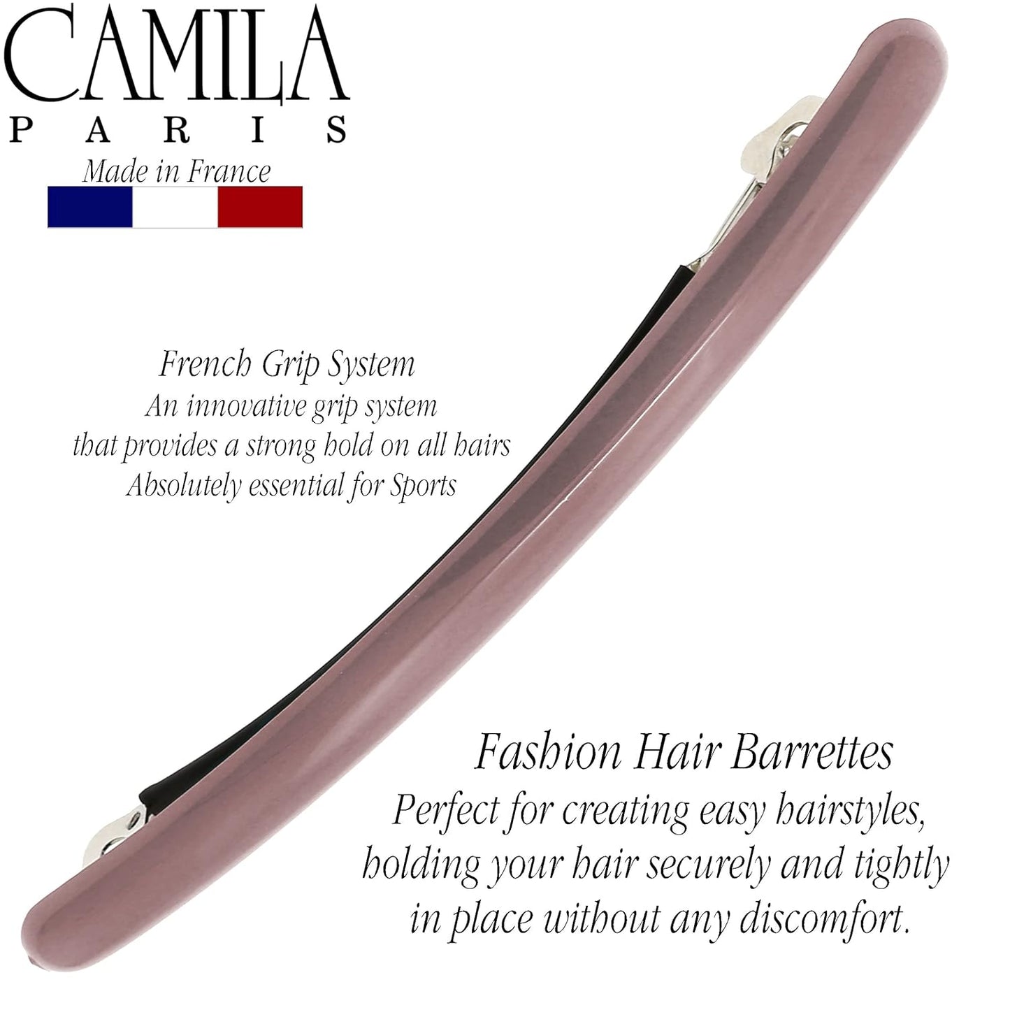 Camila Paris CP3251 French Hair Barrette Large Brown, Long Skinny Strong Hold Grip Hair Clips for Women, Thin Rubberized Automatic Clasp No Slip Durable Styling Girls Hair Accessories, Made in France