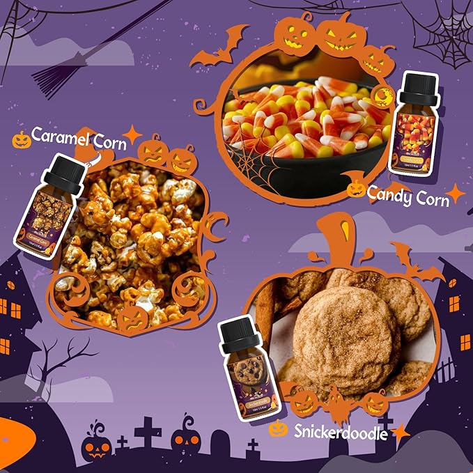 Halloween Fragrance Oil Set, Scented Oils for Diffuser, Candle & Soap Making - Chocolate Pumpkin Pie, Caramel Apples, Candy Corn, Apple Cider, Caramel Corn,Snickerdoodle, 6x10ml