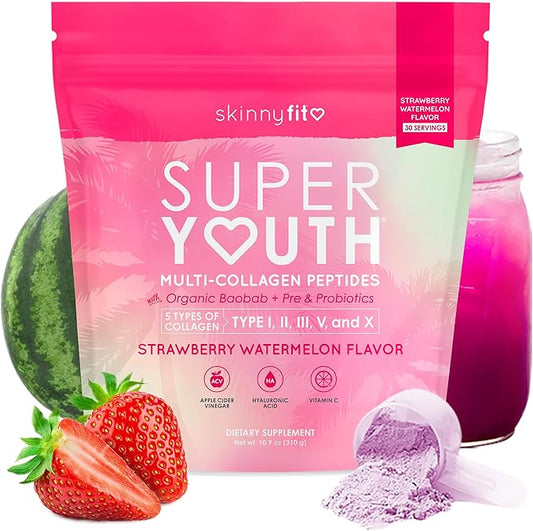 SkinnyFit Super Youth Strawberry Watermelon Multi-Collagen Peptides + Probiotics, Baobab Fiber, Apple Cider Vinegar, Hyaluronic Acid, & Vitamin C, Skin, Hair, Joint & Metabolism Support, 30 Servings