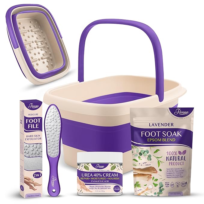 Fivona Foot Care Kit 4 in 1 - Foot Soak Blend with Epsom Salt, Lavender and Essential Oils - Collapsible Foot Soak Basin - 40% Urea Cream for Hard, Dry Skin - Dual Action Foot File