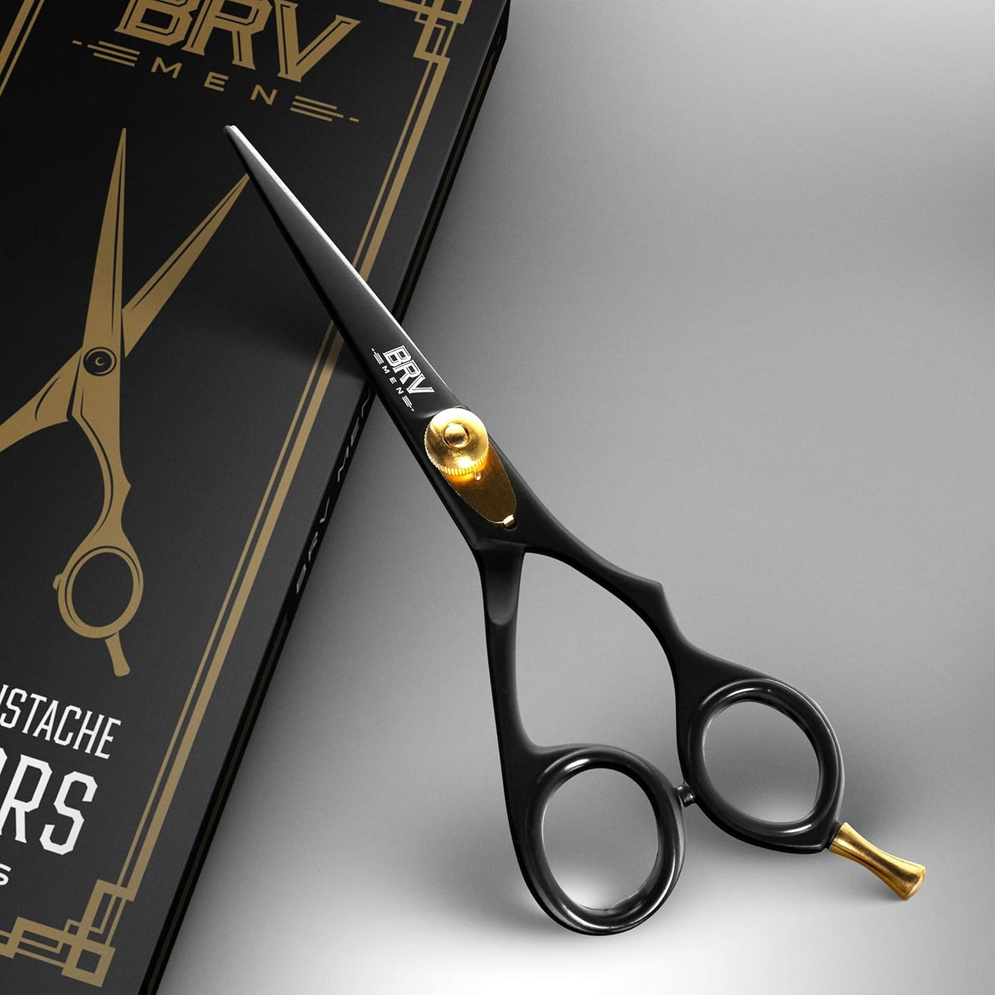 BRV MEN Professional Mustache & Beard Trimming Scissors - 5.5" | High Carbon Stainless Steel & Hammer Forged Mustache Scissors | Razor Sharp Facial Hair Trimming Shears (RIGHT HANDED - Black)