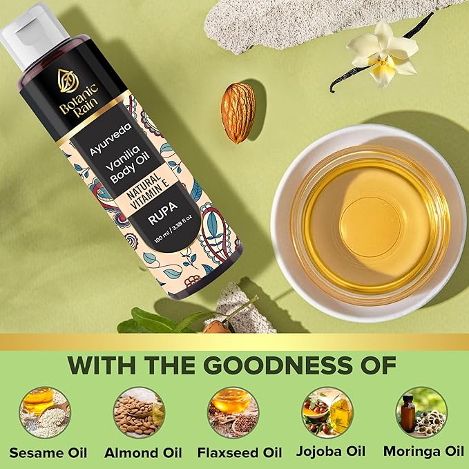 Ayurveda Vanilla Body Oil, Moisturizing & Hydrating Organic Vitamin E Oil, Body Oil For Women After Shower, Ayurveda Products For Crepey Skin - 3.38 Fl Oz (2)