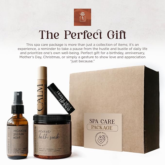 Spa Kit for Women – Relaxing Self Care Gift Set with Lavender Pillow Spray, Mint Lip Balm, Calm Essential Oil Roller & Epsom Salt Bath Soak – Luxury Pampering Package for Home & Bath