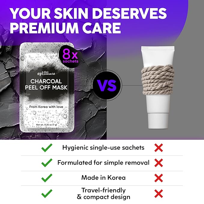 Korean Activated Charcoal Face Mask Peel Off - Blackhead Remover Mask - Facial Peeling & Nose Pore Cleaner - Black Head Remover for Face - Alternative to Pore Strips - Korean Skin Care Masks - 8 Pack