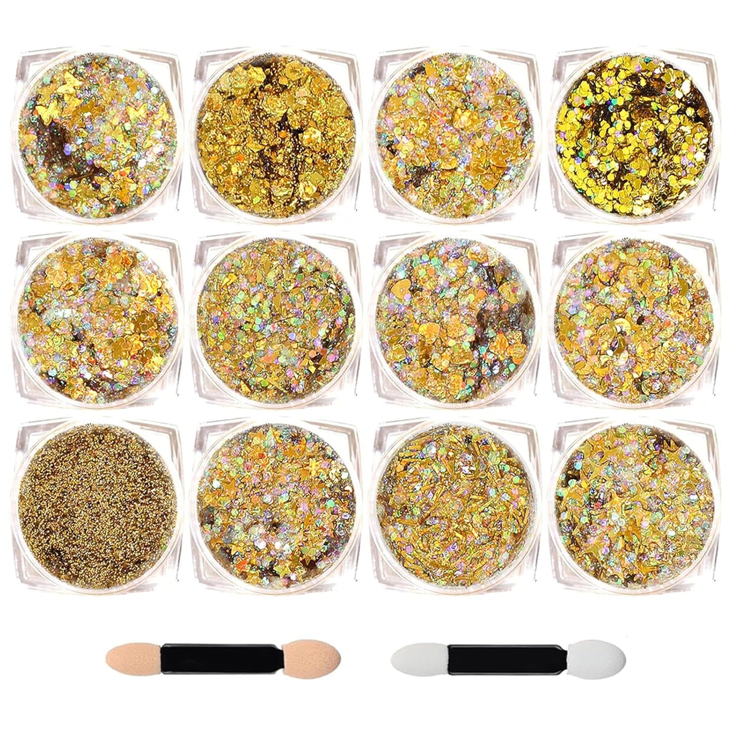 Body Glitter Face Glitter, Hair Glitter for Kids, 12 Shapes Fine Chunky Glitter Gel for Women Girls Makeup Sparkles Party Mermaid Sequins Rave Accessories Singer Concerts Festival (Gold Scheme)