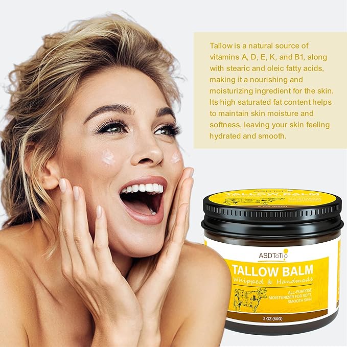 Handmade Whipped Tallow Balm for Skin Care- All Natural Grass Fed Beef Tallow All Purpose Balm,Face and Body Moisturizing Cream, Tallow Balm For Dry Skin- 2 oz