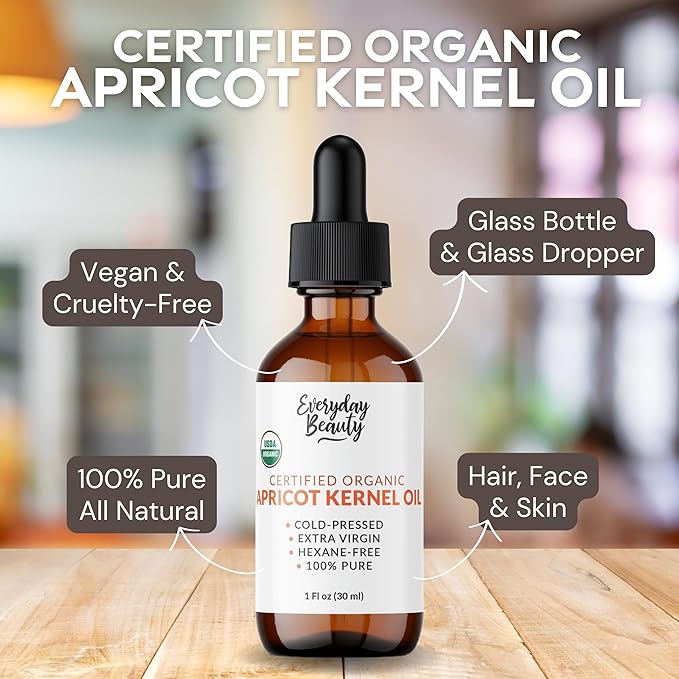 Organic Apricot Kernel Oil | 100% Pure, Cold-Pressed, Unrefined | USDA Certified Organic | Amber Glass Bottle with Glass Dropper | For Face, Skin & Hair - 1 Fl Oz