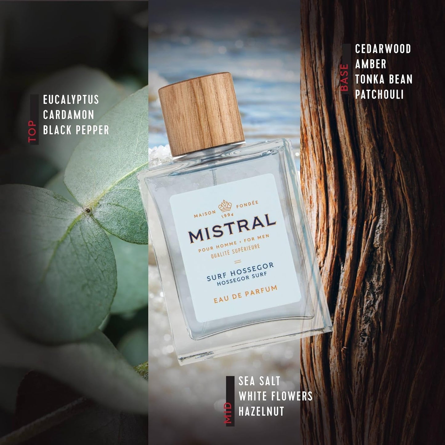 Mistral Men's Cologne - Surf Hossegor Eau de Parfum Spray | Long-Lasting Fresh Cologne for Men with Driftwood, Sea Salt & Eucalyptus | Cruelty-Free French Fragrance | Made in France – 3.4 Oz