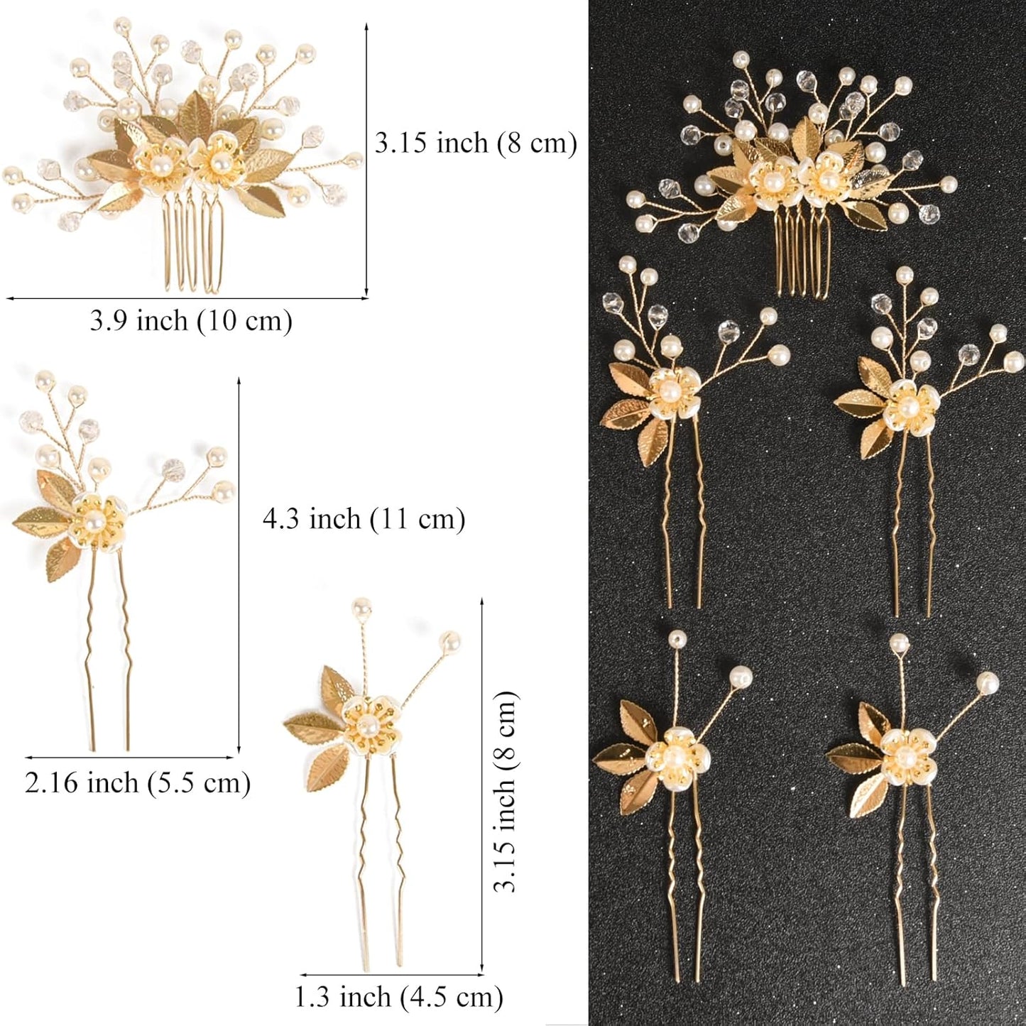 Wedding Hair Pins Set of 5 Pcs - Elegant Leaf Floral Pearl Rhinestones Hair Accessories for Bridal Women (Gold)