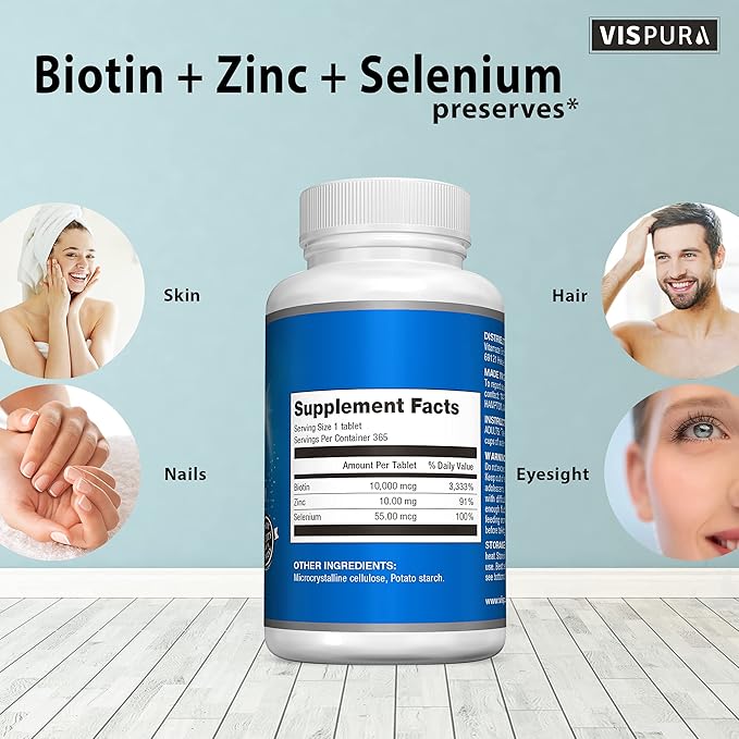 Biotin 10000 mcg + Zinc + Selenium, Pure, Vegan & Extra Strong, Best Supplement for Hair Growth, Glowing Skin, Strong Nails*, 365 Tablets for 12 Months, Natural Without Additives