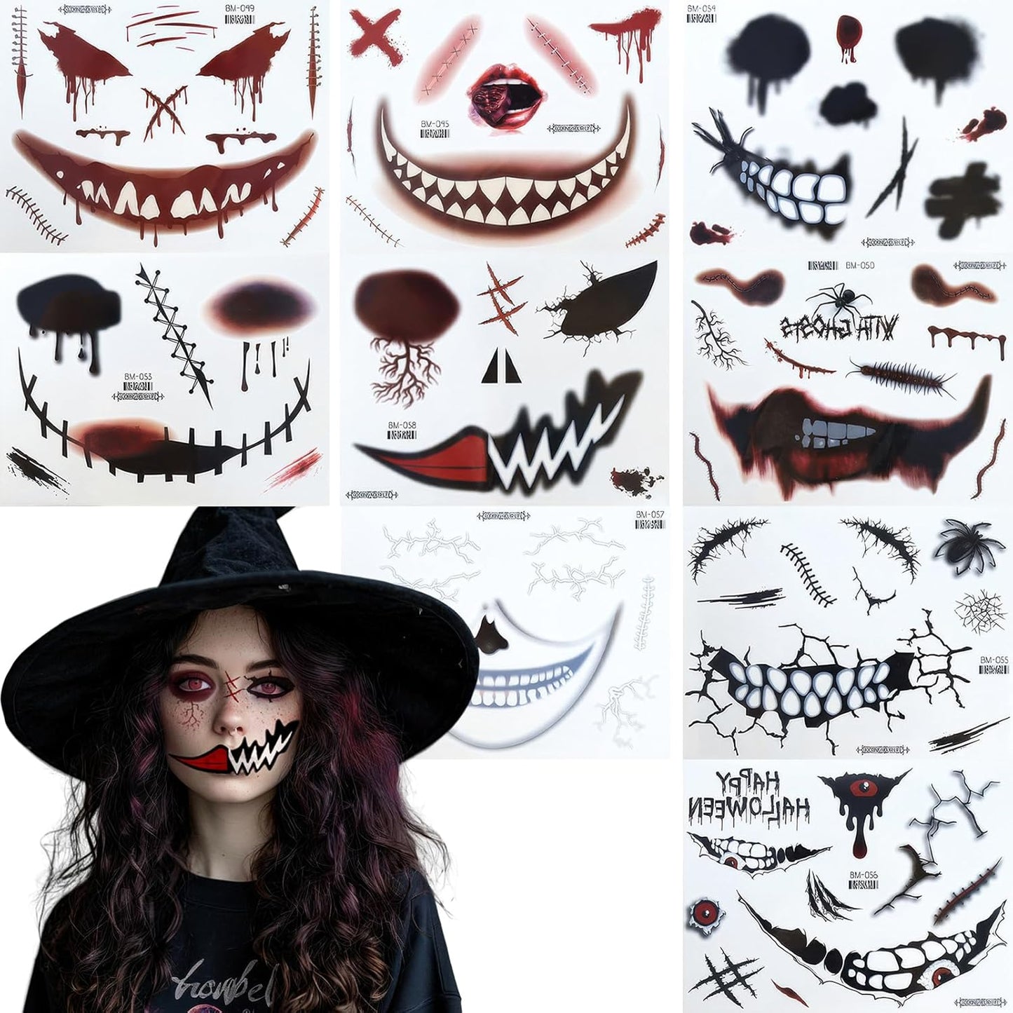 9 Sheets Halloween Scary Face Tattoos Stickers Fake Scars Stitches Bloody Mouth Prank Zombie Clown Makeup Temporary Tattoo Decals for Women Men Halloween Cosplay Party
