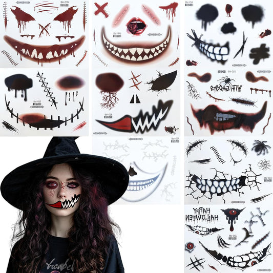 9 Sheets Halloween Scary Face Tattoos Stickers Fake Scars Stitches Bloody Mouth Prank Zombie Clown Makeup Temporary Tattoo Decals for Women Men Halloween Cosplay Party