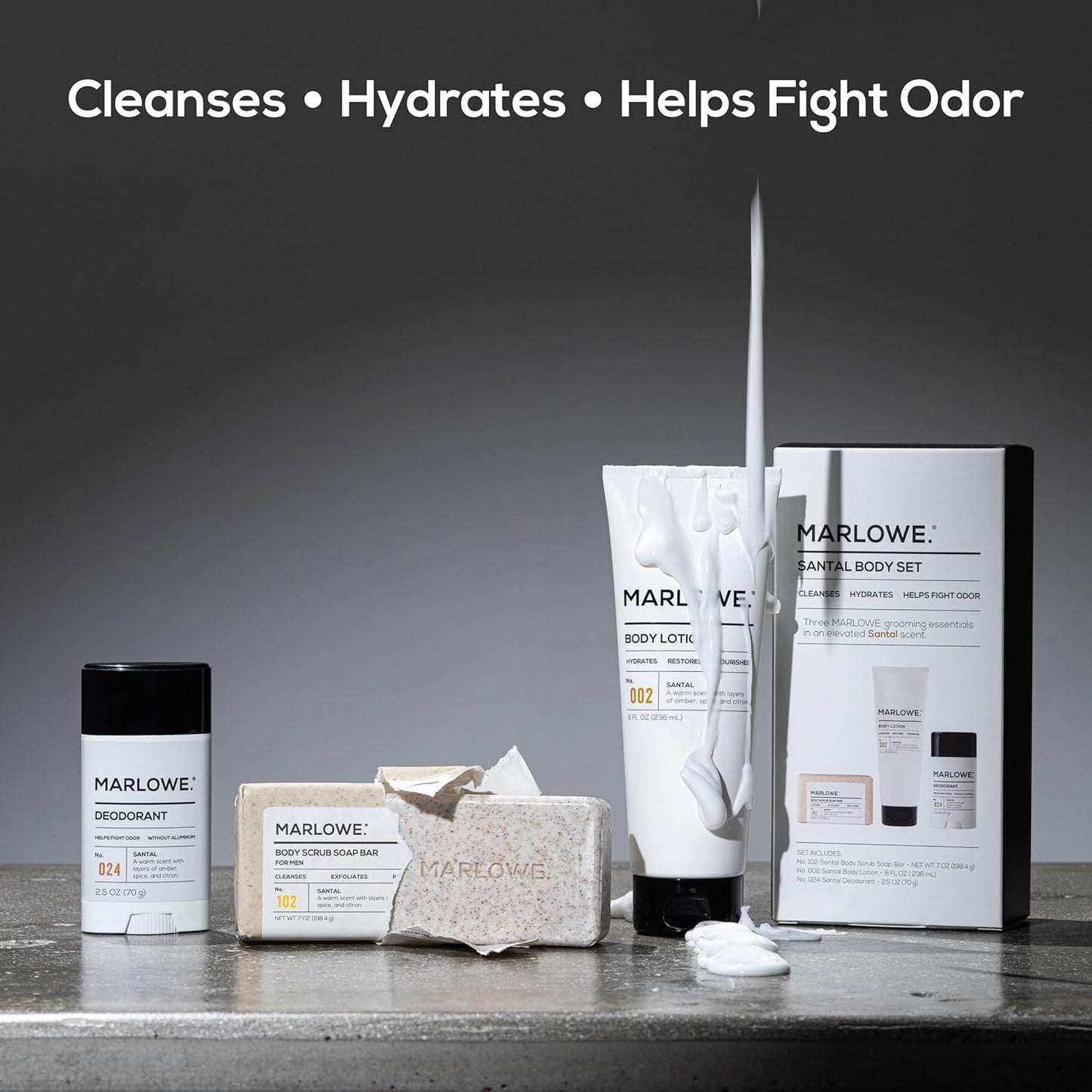 MARLOWE. Men's Grooming Santal Body Set, Features No. 102 Scrub Soap Bar, No. 024 Deodorant & No. 002 Body Lotion, Warm Amber, Sandalwood & Citron Scent