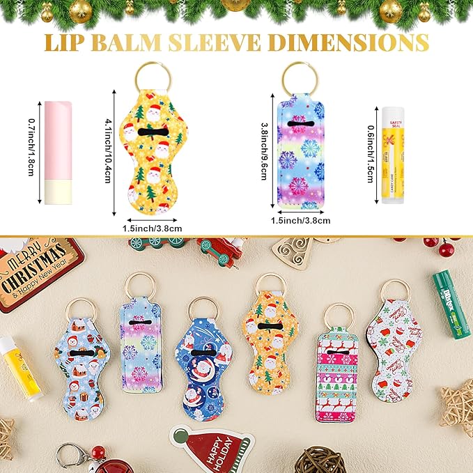 Chapstick Holder Keychain, Lip Balm Holder Sleeve Pouch with Clip On, Lip Gloss Lipstick Holder Keychain Gift for Friends Women Girls Boys and Man (Christmas Style, 6pcs)