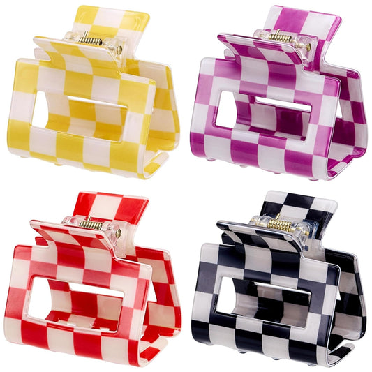 SINIDE Checkered Hair Claw Clips Set, Rectangle Bright Multicolored Square Checker Barrettes for Women Ladies Non Slip Jaw Clip Strong Hold Accessories Acrylic Claw Clamps for Thin Thick Hair (4 Pack)