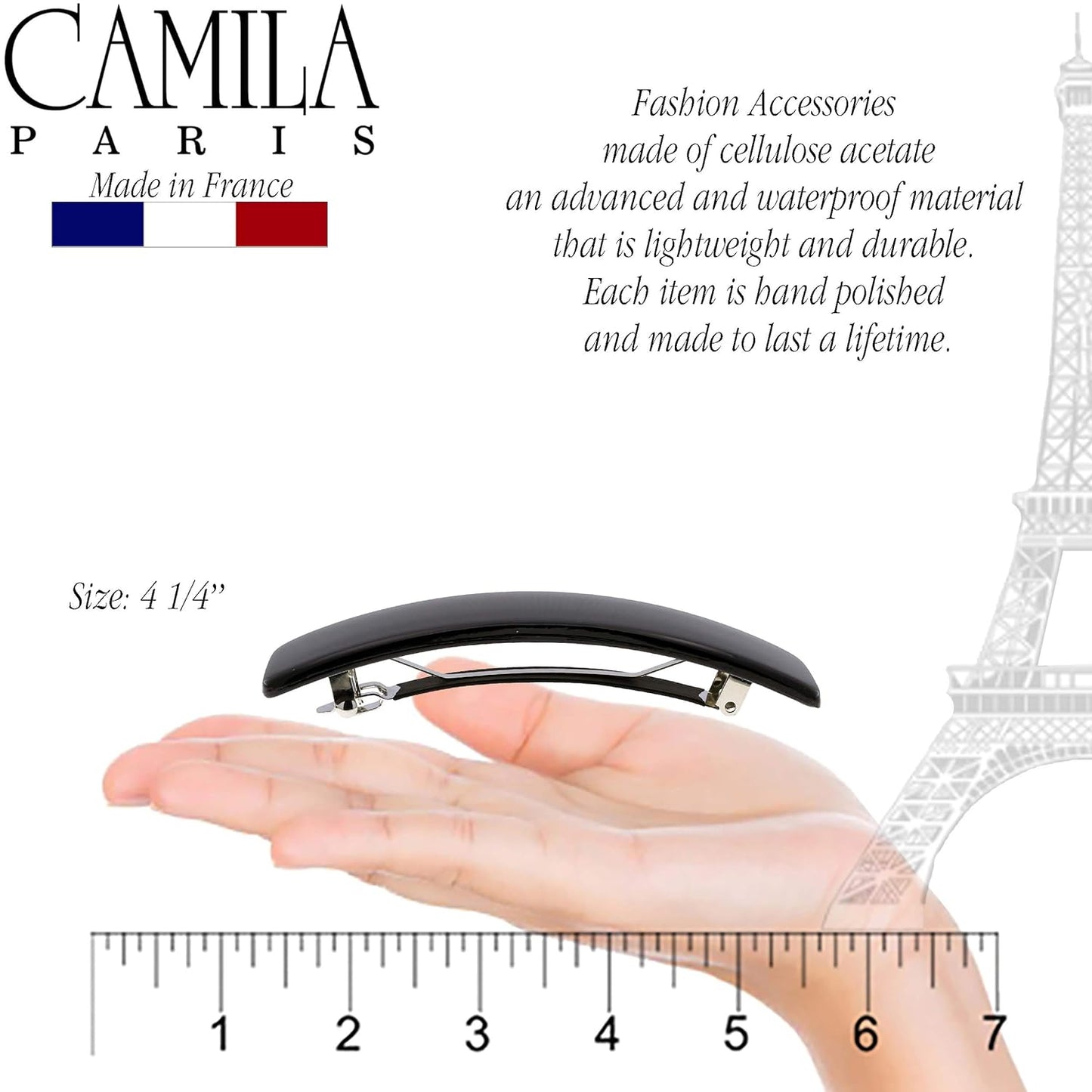 Camila Paris CP1476 French Hair Barrette Clip for Girls, Rubberized Automatic Clasp Strong Hold Grip Hair Clips for Women, No Slip and Durable Styling Girls Hair Accessories, Made in France