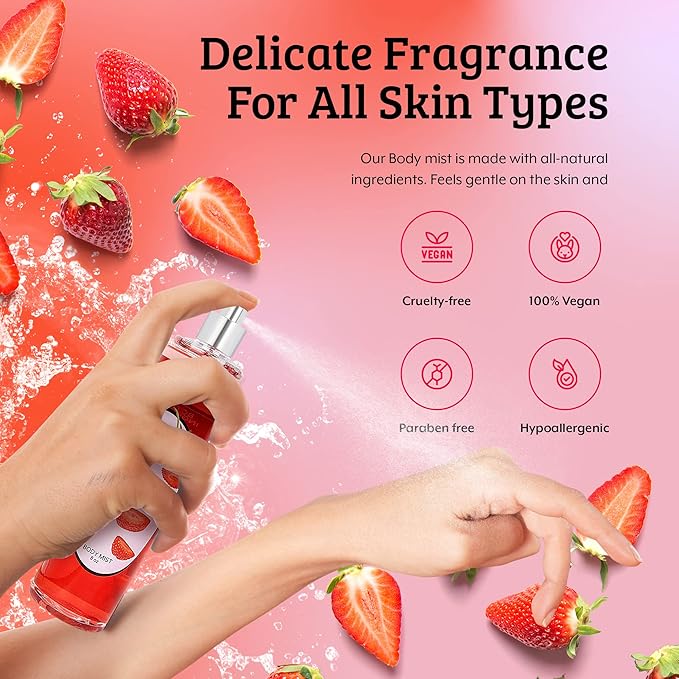 Home Spa Gift 10oz Deep Moisturizing Fragrance Body Lotion & 8 oz. Fine Fragrance Body Mist Set Luxury Self-Care Combo for Women and Girls (Strawberry) Mother’s Day Gift for Mom