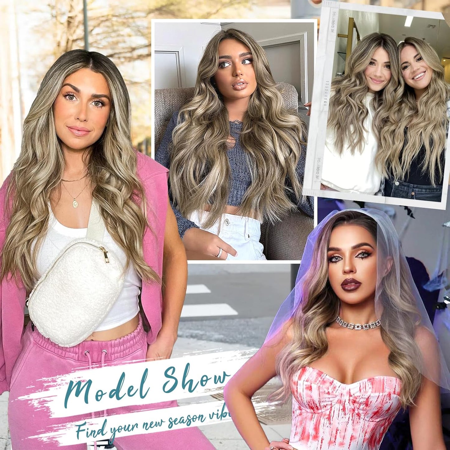 KooKaStyle Clip in Synthetic Hair Extensions Long Wavy 4PCS Thick Hairpieces Light Brown mix Light Blonde F8/613 Fiber Double Weft Natural Hair Extensions 20 Inch for Women