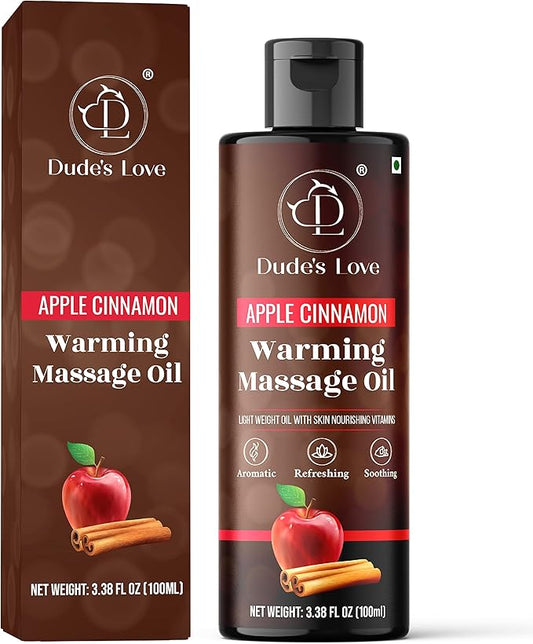 Dude's Love - Organic - Flavored Warming Body Massage Oil - Apple Cinnamon | No Stain - Non-Sticky | Nourish & Moisturize Skin | Aromatherapy Vegan Oil - 3.38 Fl Oz
