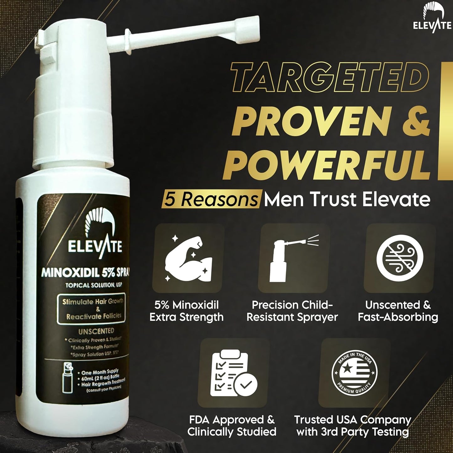 Elevate Hair Regrowth Treatment 5% Minoxidil Spray for Men - Clinically Proven Formula Fast Absorbing for Hair Loss and Growth Unscented Topical Hair Spray for Thinning & Balding Hair - Made in USA